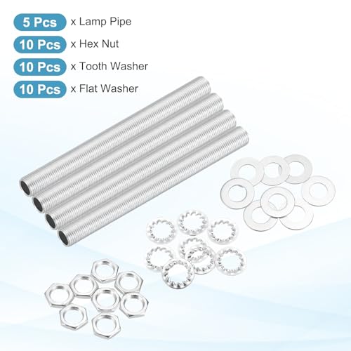 Image of MECCANIXITY 35Pcs 4.7 inch Lamp Pipe Nipples Kit with Hex Nuts Washers, M10 Fine Threaded Hollow Tube Repair Hardware Fasteners Assortment for Assembly Chandelier Ceiling Lamp DIY, Silver