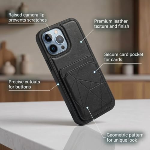 Image of amazon basics Premium Vegan Leather Back Cover with Card Holder and Integrated Mobile Stand for iPhone 13 Pro Max - Slim Shockproof Wallet Case with Geometric Stitching [Black]