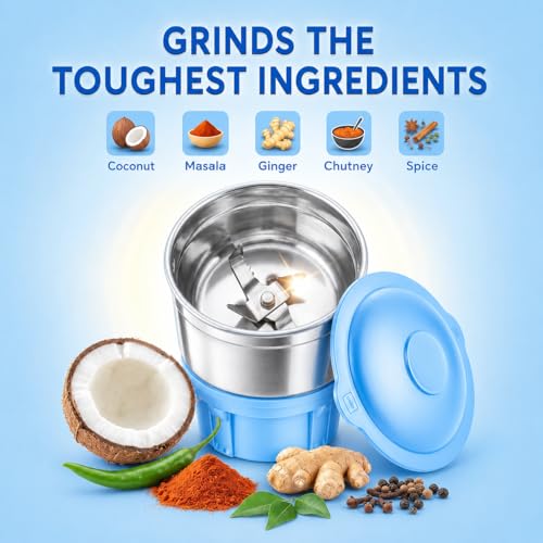 Image of CELLO Stainless Steel Chutney Jar 400ml for Mixer Grinder | Leak-Proof Lid | Food-Grade SS Body | 4 Teeth Compatible | Heavy Duty Grinding Jar for Chutney, Masala & Spices (Sky Blue)
