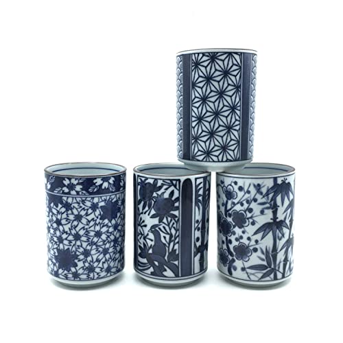 Japanese Assorted Blue and White Teacup Gift Set with Four Assorted Designs by MIYA