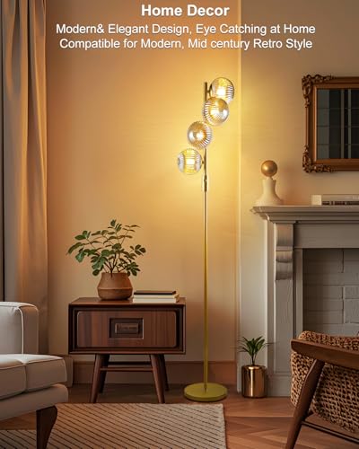 Image of Lightdot 64IN Dimmable Floor Lamp with Glass Globe Shade, Modern Gold Standing Lamps with 4PCS Bulbs Included Soft Warm White, Mid Century Floor Lamp with 5Lbs Heavy Base for Living Room /Sofa Beside