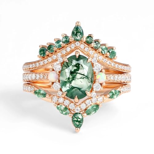 3PCS Oval Cut Gemstone Wedding Ring Set Bridal Set 1 CT Gemstone with Moss Agate and Opal Engagement Rings for Women S925 10K 14K 18K Gold Unique Anniversary Promise Rings Size 4-133