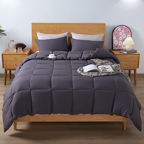 KASENTEX All Season Quilted Comforter Set Twin with 1 Pillow sham, Cozy Soft Seersucker Bedding Set Textured, Down Alternative Fill(Twin/Twin XL Set, Grey)