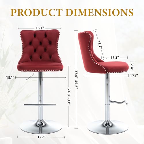 Butacos ajustables giratorios de 2 piezas, con respaldo y reposapiés, para isla de cocina, altura regulable de 24–33 pulgadas, estilo moderno, color rojo con base plateada miniatura 2