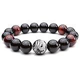 Top Plaza Mens King of Dragon Carved Tiger Eye Stone Buddha Mala Link Beaded Bracelet 6.8