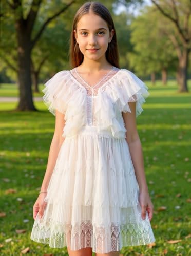 New 3-14Years Girls White Lace Dress Ruffle Sleeve Tiered Soft Lined Party Summer Formal2