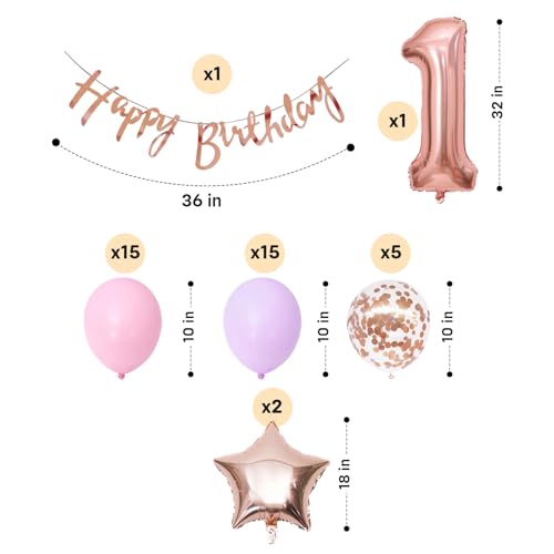Image of Party Propz 1st Birthday Decoration Items for Baby Girl- 39 Pcs, Rose Gold Happy Birthday Banner (Cardstock), Happy Birthday Decoration Kit for Girl, Pink Balloons for Decoration, 1 Foil Balloon