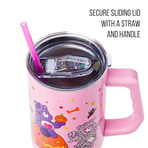 Image of Silver Buffalo Care Bears Featuring Harmony Bear, Cheer, Share Bear, and Trick-or-Sweet Halloween Double Walled Stainless Steel Tumbler with Handle and Straw, Fits in Standard Cup Holder, 40 Ounces