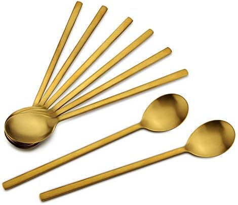 Korean Spoons, 8 Pieces Stainless Steel Soup Spoons, 8.5 Inch Korean Spoons,Gold Spoons with Long Handles, Asian Spoon,Cooking Spoon Set,Round Spoon for Home, Kitchen or Restaurant (Golden)