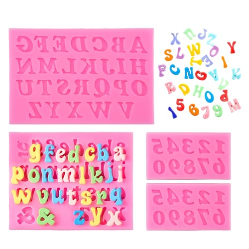 AetherAurora - Lot De 4 Moules en Silicone Chiffres et Lettres, Rose Silicone Mold Forme de Lettres, A à Z et 0-9 Nombre Moule à Gâteau, Facile à Démouler, Pour Pâtisserie, Chocolat