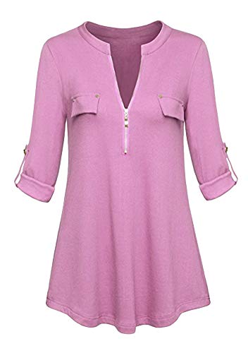 EFOFEI Womens 3/4 Sleeve Roll up Shirts Zip Floral Casual Tunic Blouse Tops Pink S