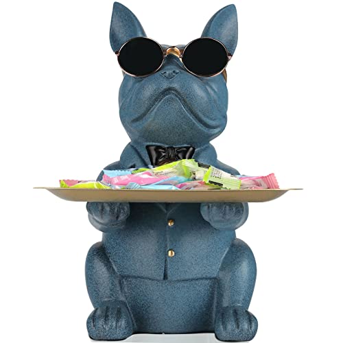 Statua Bulldog Francese Blu Vassoio In Acciaio Inossidabile, Caramella Chiave Vassoio Portaoggetti Salvadanaio Camera Da Letto Decorazione Tavolo D'ingresso