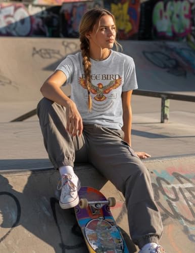 LETSEE Short Sleeve Shirts for Women Free Bird Vintage Rock Graphic Tees Casual Crewneck Tops Summer Rock Tee Light Grey - image 6