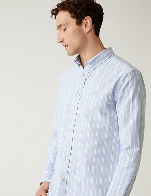 Image of Marks & Spencer Mens Striped Cotton Collared Neck Regular Fit Oxford Shirt