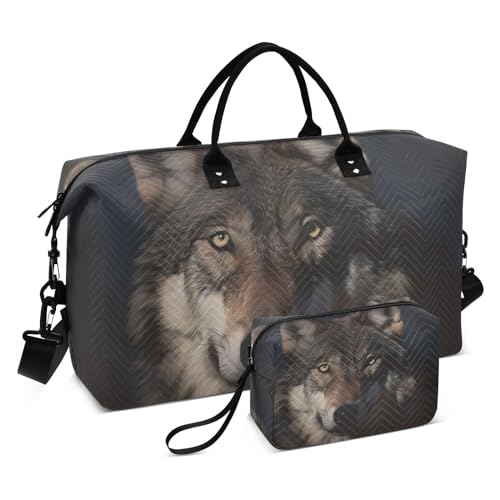 Large Travel Duffel Bag, Face Wolf and Brown Moon Sport Tote Gym Bag, Shoulder Weekender Overnight Bag for Women Men, Carry On Luggage with Toiletry Bag