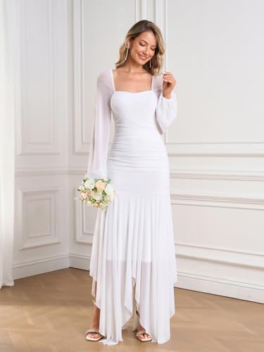 Women's Formal Long Sleeve Maxi Dress Asymmetrical Hem Square Neck Mesh Wedding Guest Cocktail Dresses3