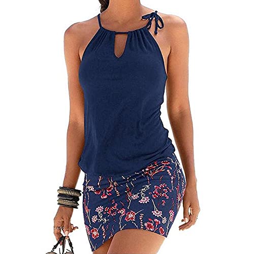 TBSCWYF Mujer Bañador con Falda Traje de Baño de Una Pieza de Talla Grande Push Up Vestido de Playa Corto Halter Estampado de Flores Bohemia Sin Mangas Casual