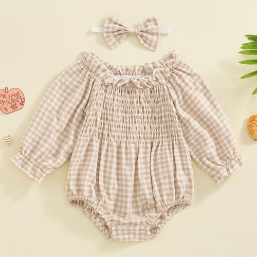 Newborn Infant Baby Girl Spring Romper Clothes Long Sleeve Plaid Bodysuit with Headband Toddler Girls Top (Khaki, 0-3 Months)