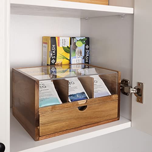 Large Tea Organizer 2 Tier with Drawer by HTB, Tea Bag Organizer with Acrylic Transparent Hinged Lid, 9 Compartments Wooden Tea Bag Holder for Home, Office, Tea Parties