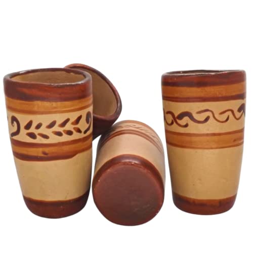 Mextequil - Tequila Shot Glasses - Set Of 4 Terracotta Mexican Shot Glasses - 2 Oz - Natural & Colorful Clay - Barro Canelo & Capulineado - Handcrafted Hand-Painted (Wo Handle) #TOP6