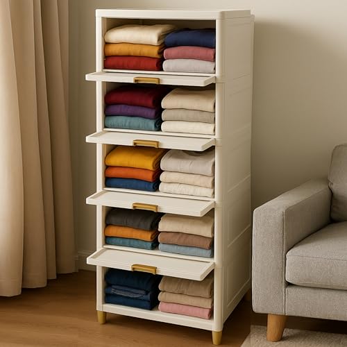 Image of mechdel Plastic Rack /Kitchen Cupboard /Cupboard Rack /Stackable Rack /Wardrobe for Clothes /Multipurpose Organizer /Closet for Bedroom /Living Room /Laundry Room /Bookshelf (Cupboard Rack-White, 5PCS)