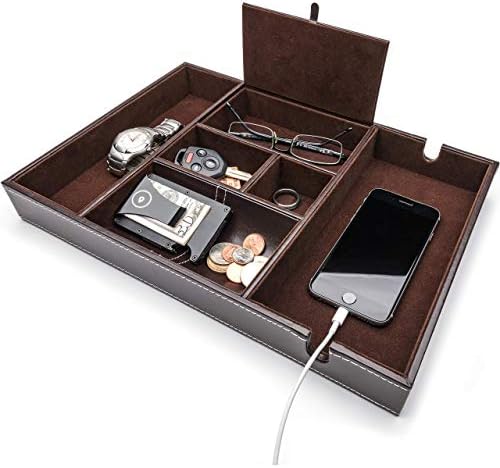 Nightstand Organizer, Valet Tray for Men and Women, EDC Tray Organizer, Dresser Top Organizer, Catchall Tray, Dark Brown Faux Leather, 6 Compartments