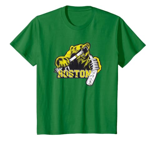 Grizzly Bear Biting Hockey Stick Claws Through Words Boston T-Shirt, Youth, Kelly Green, Large