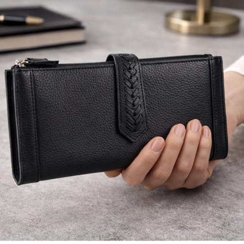 Image of Raizel Genuine Leather Hand Purse for Women | Stylish Clutch Wallet with 2 Main Compartments, Zipper Pockets & 5 Card Slots | Black (P. Black)