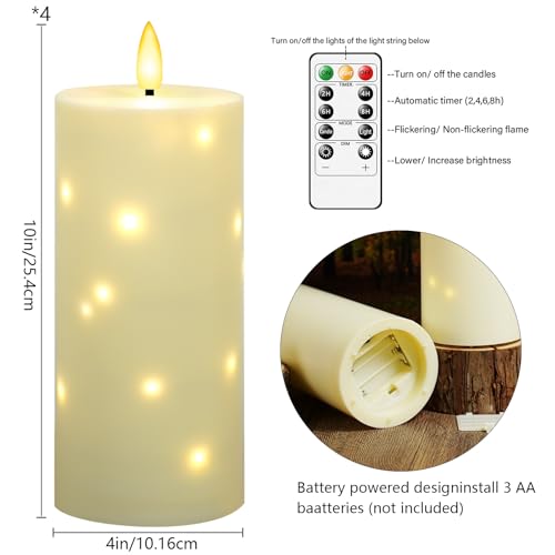 Image of kakoya 10 inch x 4 inch Large Outdoor Waterproof Flickering Flameless Candles with Timer,4Pcs Battery Operated LED Pillar Candles with Embedded Star String for Outdoor Lanterns,Porch,Patio Decor(Ivory)