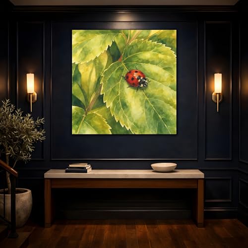 Toile aquarelle coccinelle rouge verte grand format carré 35x35 cm déco salon - 4