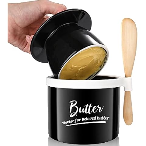 AISBUGUR Ceramic Butter Crock with Knife and Perfect Silicone Seal French Butter Dish with Lid for Countertop Porcelain Butter Keeper with Water Line for Soft Butter Good Kitchen Gift, Black Cover