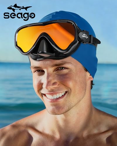 Image of Seago Adult Swim Goggles Mask Mirrored Tempered Lens, Anti UV /Fog No Blurring Clear Wide View with Nose Cover for Men Women