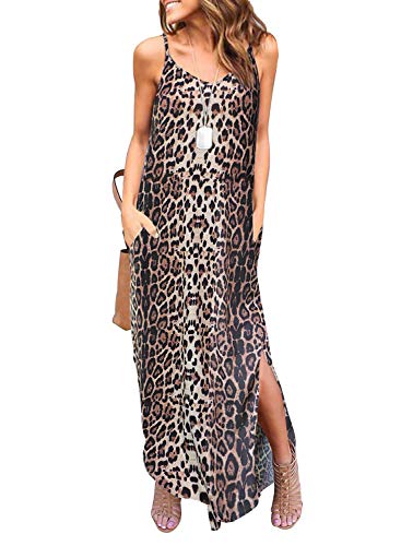Image of HUSKARY Women's Summer Casual Sleeveless V Neck Strappy Split Loose Dress Beach Cover Up Long Cami Maxi Dresses with Pocket