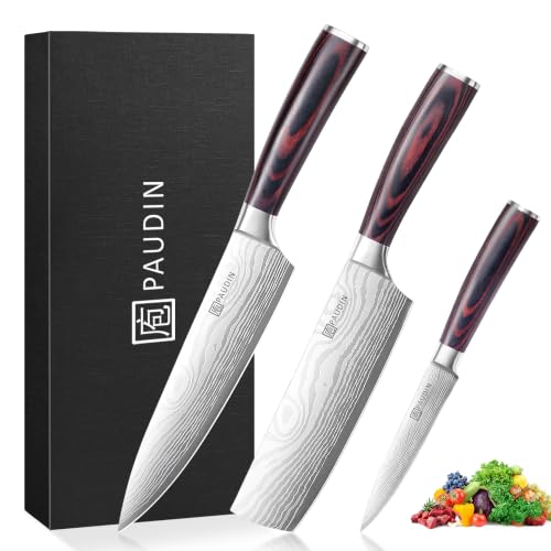 PAUDIN Messerset Küchenmesser Set 3-tlg aus hochwertigem Carbon Edelstahl Ultra Scharfes Messer set mit Chefmesser Hackmesser Allzweckmesser Profi Kochmesser mit Pakkaholz Griff
