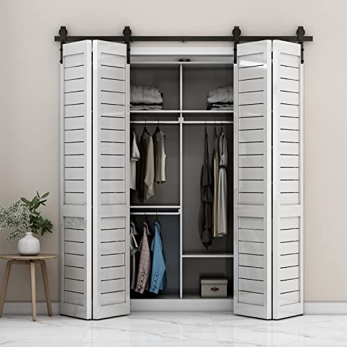 Bonikluba 72" Bi-Folding Sliding Barn Door Hardware Kit For 4 Doors,Smoothly&Quietly,Black Track J Shape Roller-[Doors Not Included] #TOP20