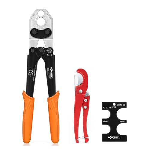 KF CPTEC Heavy-Duty Forged Steel PEX Crimping Tool with Tubing Cutter for 1/2'' & 3/4'' Copper Crimp Rings,Includes Go/No-Go Gauge,ASTM F1807 Plumbing Tool