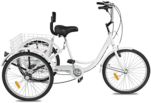 TANGNADE 24 Inch White Adult Tricycles Series 7 Speed 3 Wheel Bikes for Adult Tricycle Trike Cruise Bike Large Size Basket for Recreation, Shopping, Exercise Men's Women's Bike