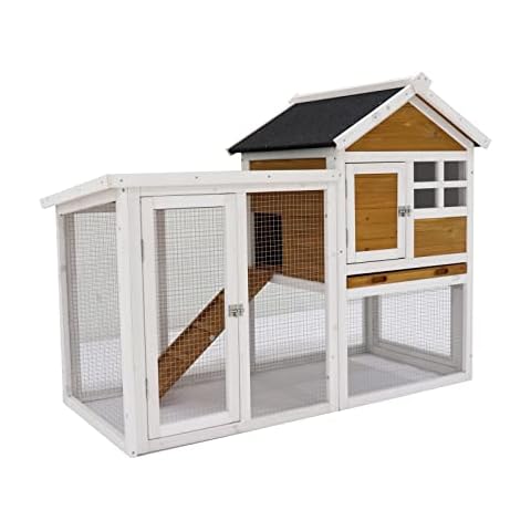 Rabbit Cage Indoor with Pull Out Tray, Rabbit Hutch Outdoor with Wooden Ramp, Waterproof Bunny Cage with 2 Asphalt Roofs (Yellow) Cover