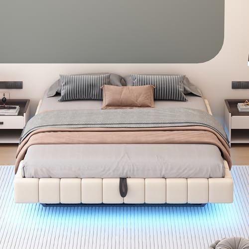 Cama tapizada de 180 x 200 cm, marco flotante hidráulico con espacio de almacenamiento, cama tapizada multifuncional sin cabecero con luz LED (beige)
