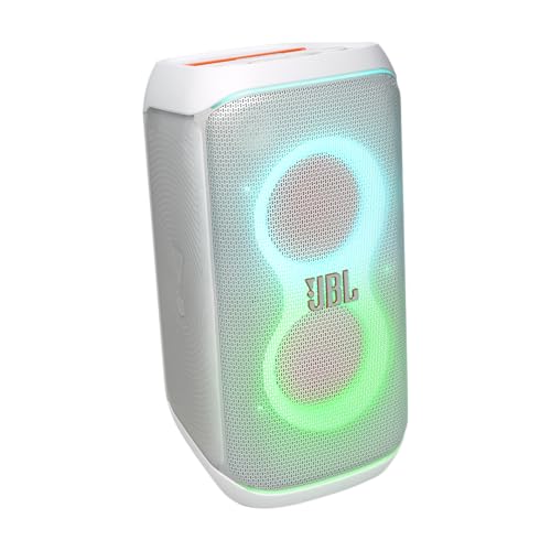 JBL PartyBox Club 120 in white, with foldable handle and light show