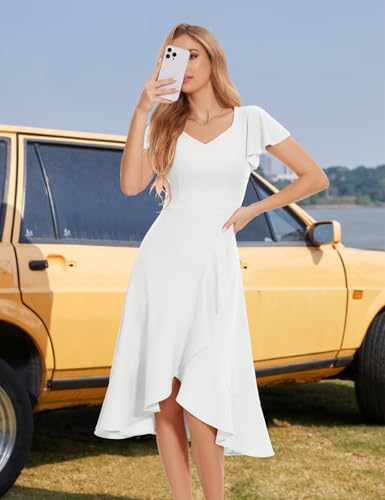 Image of HomRain V Neck Formal Wedding Guest Dresses for Women Ruffle Sleeves for Cocktail Graduation Modest Dress