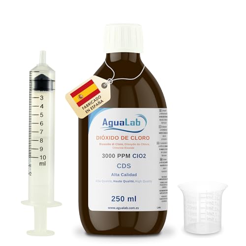 Dióxido de Cloro Agualab 250ml Cristal 3000 PPM con agua ultra pura. Fabricado en laboratorio español registrado.