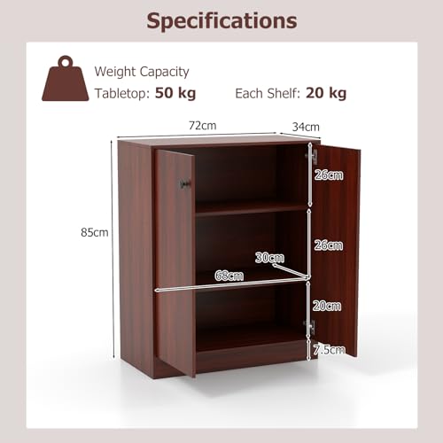 COSTWAY Wooden Storage Cabinet, Floor Standing Sideboard with Doors & Shelves, Accent Cupboard Display Side Cabinet for Living Room, Bedroom and Hallway (2 Doors, Reddish Brown)