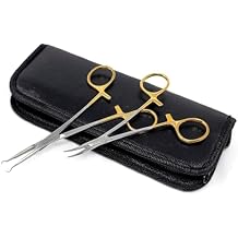 Vasectomy Ring Forceps Set of 2 Instruments Made Of Stainless Steel Hemostat Gold Handle With Locking Ratchet in a Carrying Case