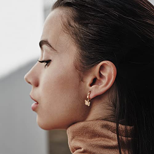 S925 Sterling Silver Post Huggie Hoop Earrings, 14K Gold Plated Dangle Small Hoop Cuff Earring Hypoallergenic Dainty Cubic Zirconia Snake Ball Spike Evil Eye Moon Star Huggie Hoop Earrings4