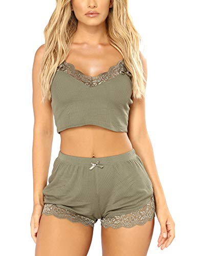 RSLOVE Women Sexy Pajamas Cami Shorts Set Nightwear Sexy Lace Lingerie Sleepwear Olive M