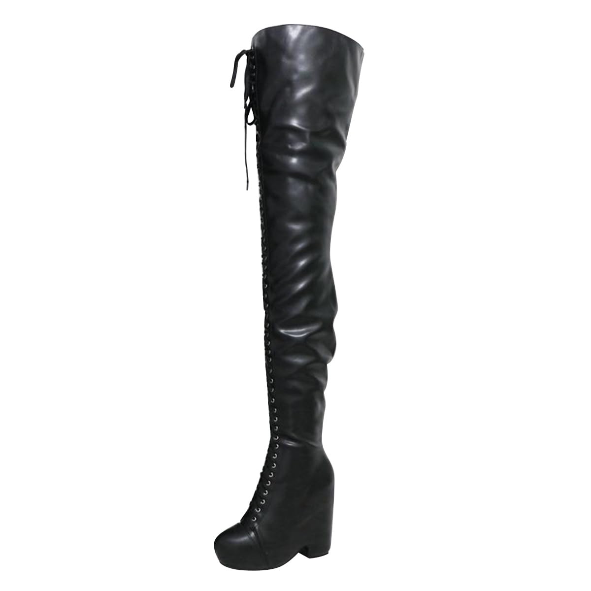 FYS Womens Round Toe Over the Knee Boots Wedge High Heel Long Boots Lace up Side Zipper Sexy