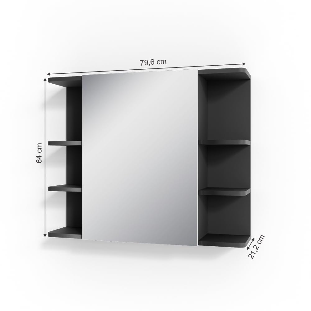 Vicco Armario con Espejo para baño Fynn, Antracita, 79.6 x 64 cm | con espejo y estantes abiertos para montaje en pared
