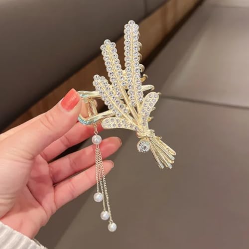 Image of Diversa Rhinestone Golden Claw Clip, Embellished Korean Clutcher, Non- Slip Metal Claw Clip for Girls, Fancy Clutcher for Women, Pack of 1 (Wheat Leaf)