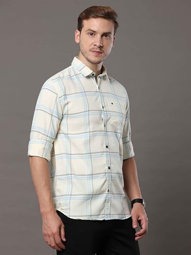 Image of COOL COLORS Men's Cream Slim Fit Cotton Casual Checks Shirt